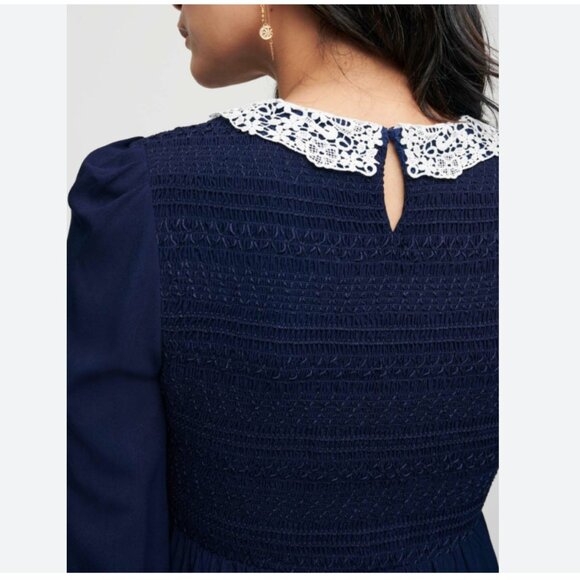 NWT MAJE 2025 RELVINE SMOCKED COLLARED DRESS IN NAVY BLUE - 4 (34) - Picture 4 of 12
